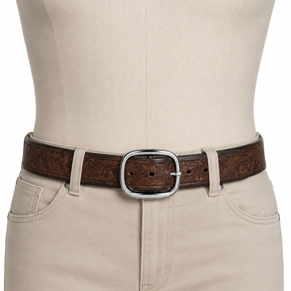 Mens Tooled Brown Leather Western Belt Size 40 Silver Bronze Buckle Scrollwork